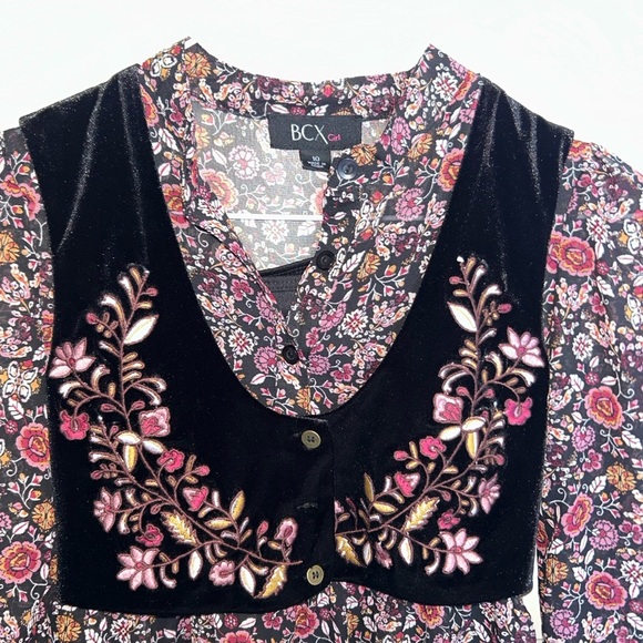 BCX Floral Long Sleeve Dress with Black Embroidered Vest Girls Sz 10 NWt - Picture 2 of 5